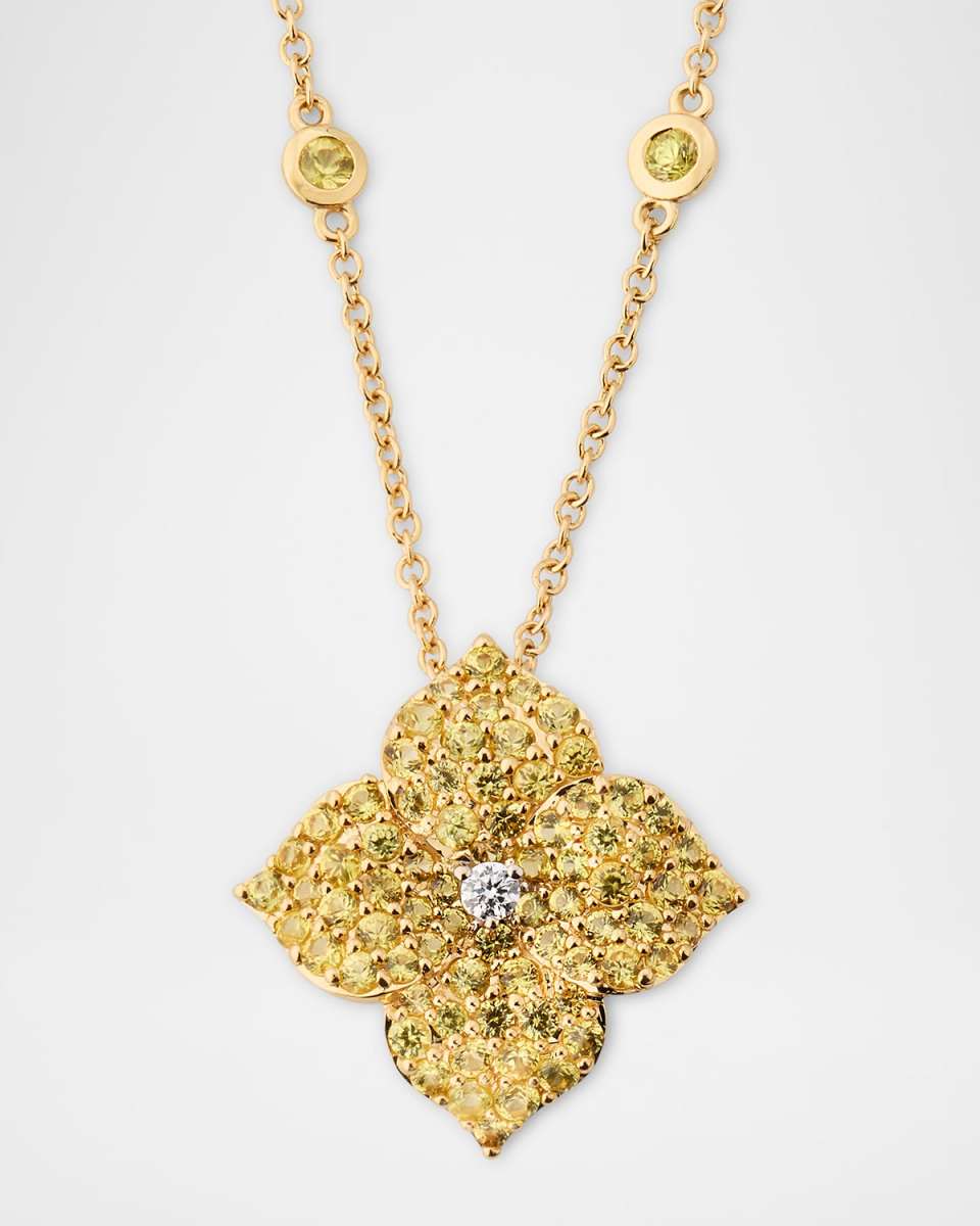 18K Gold Yellow Sapphire and Diamond Flower Pendant Necklace, 18"L